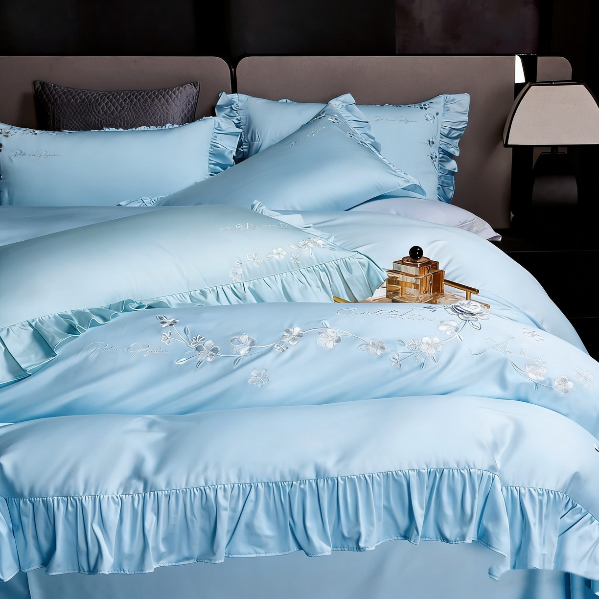 91家纺网 家纺一手货源 找家纺 U品汇 2026新品韩版公主风花边款立体刺绣花纯棉全棉水洗棉四件套A类100%棉 炫雅-晴天蓝