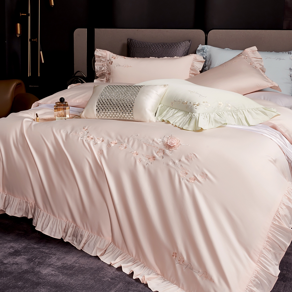 U品汇 2026新品韩版公主风花边款立体刺绣花纯棉全棉水洗棉四件套A类100%棉 炫雅-烟花粉