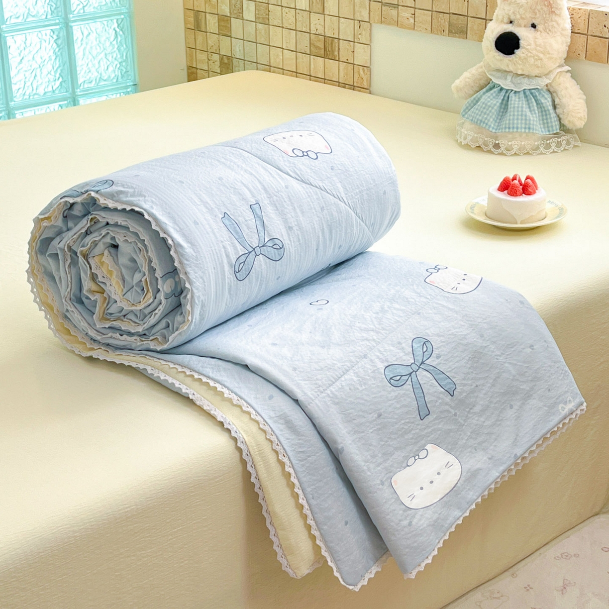 91家纺网 家纺一手货源 找家纺 川悦生活 2026新款A类双层皱皱纱夏被空调被 夏被海盐小咪