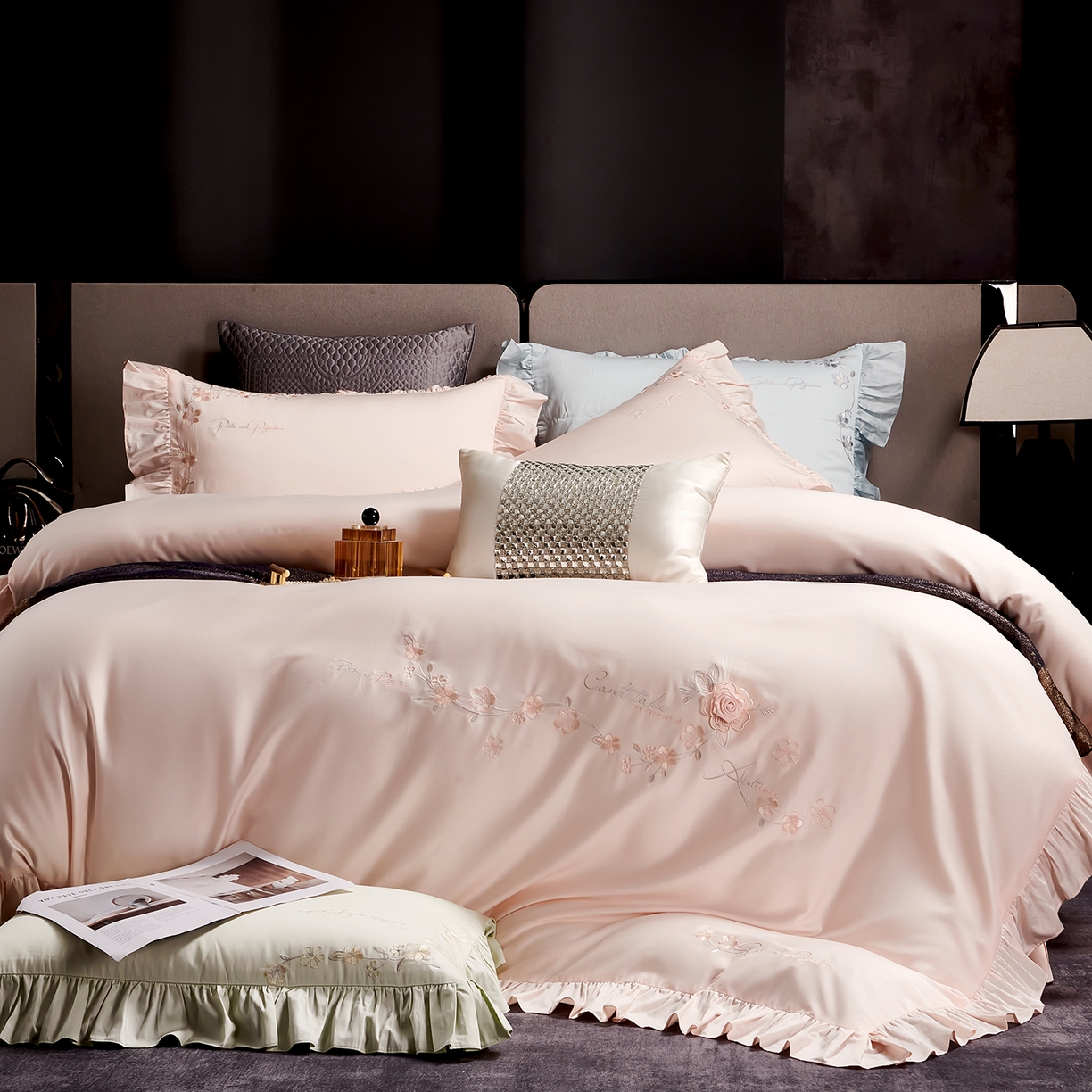 91家纺网 家纺一手货源 找家纺 U品汇 2026新品韩版公主风花边款立体刺绣花纯棉全棉水洗棉四件套A类100%棉 炫雅-烟花粉