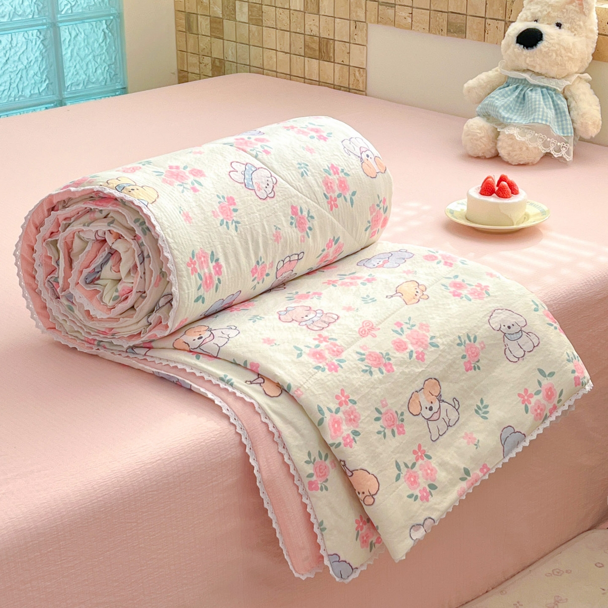 91家纺网 家纺一手货源 找家纺 川悦生活 2026新款A类双层皱皱纱夏被空调被 夏被花都小狗