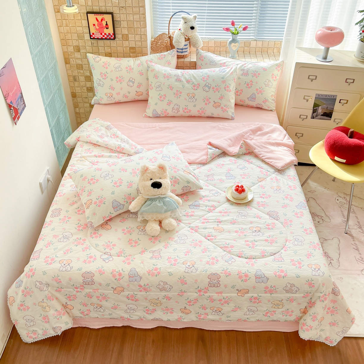 91家纺网 家纺一手货源 找家纺 川悦生活 2026新款A类双层皱皱纱夏被空调被 夏被花都小狗