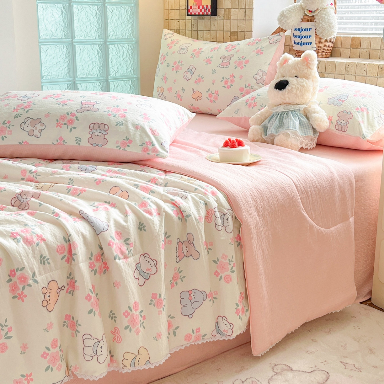 91家纺网 家纺一手货源 找家纺 川悦生活 2026新款A类双层皱皱纱夏被空调被 夏被花都小狗