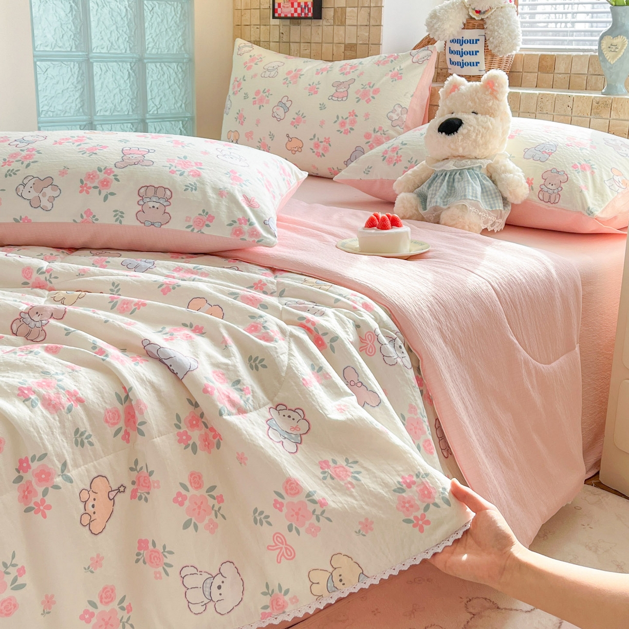 91家纺网 家纺一手货源 找家纺 川悦生活 2026新款A类双层皱皱纱夏被空调被 夏被花都小狗