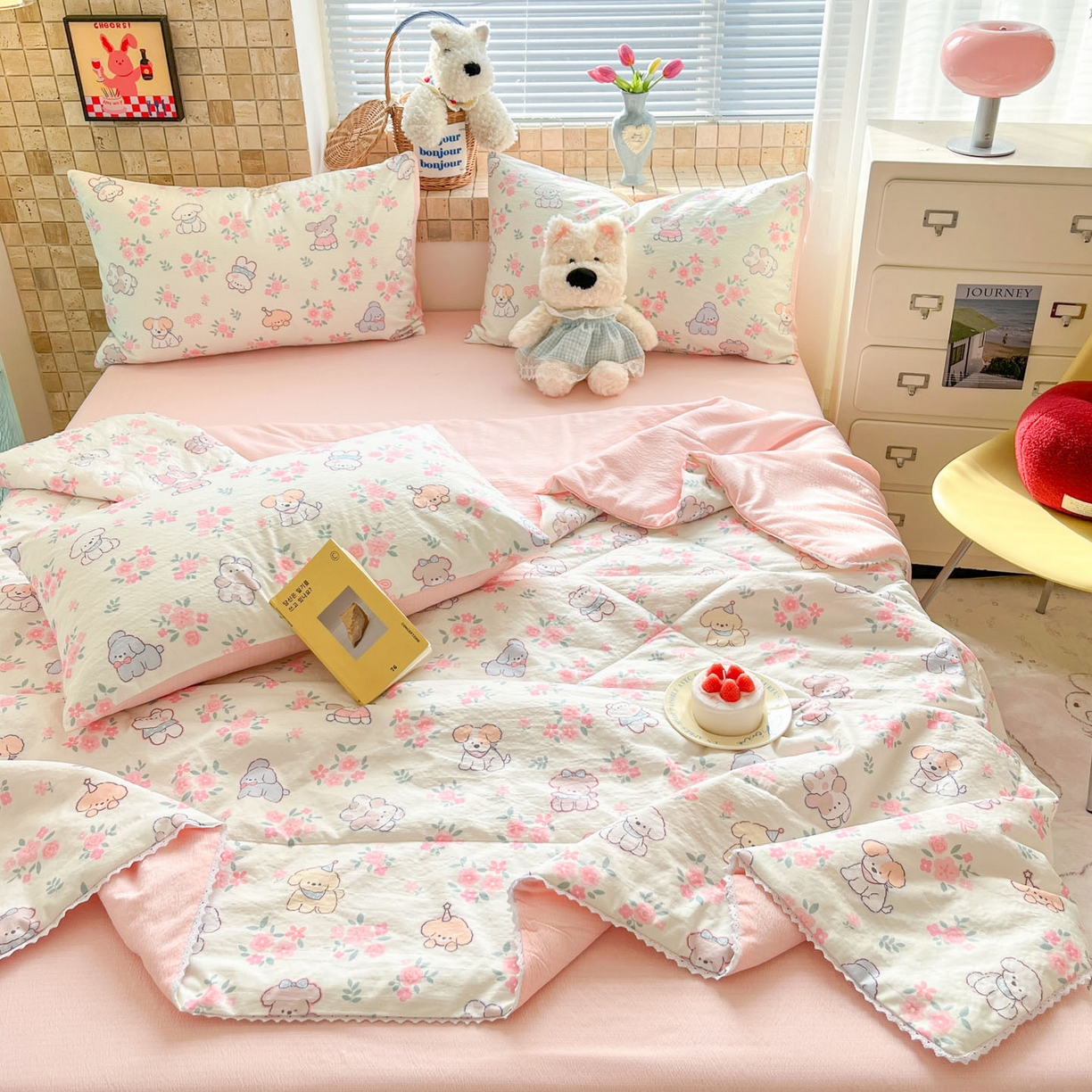 91家纺网 家纺一手货源 找家纺 川悦生活 2026新款A类双层皱皱纱夏被空调被 夏被花都小狗