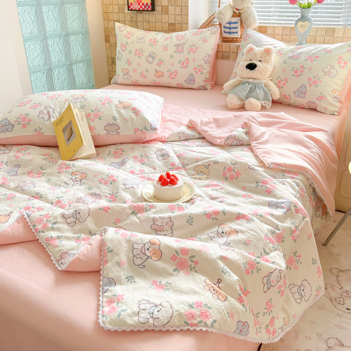 91家纺网 家纺一手货源 找家纺 川悦生活 2026新款A类双层皱皱纱夏被空调被 夏被花都小狗