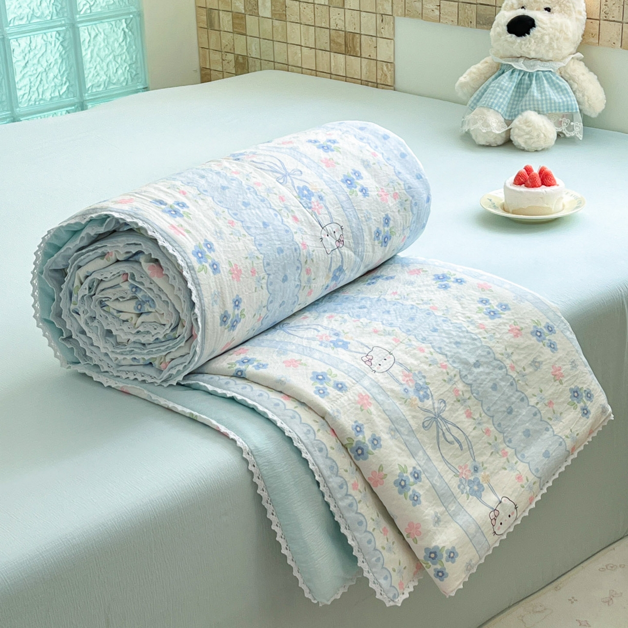 91家纺网 家纺一手货源 找家纺 川悦生活 2026新款A类双层皱皱纱夏被空调被 夏被花艺喵喵