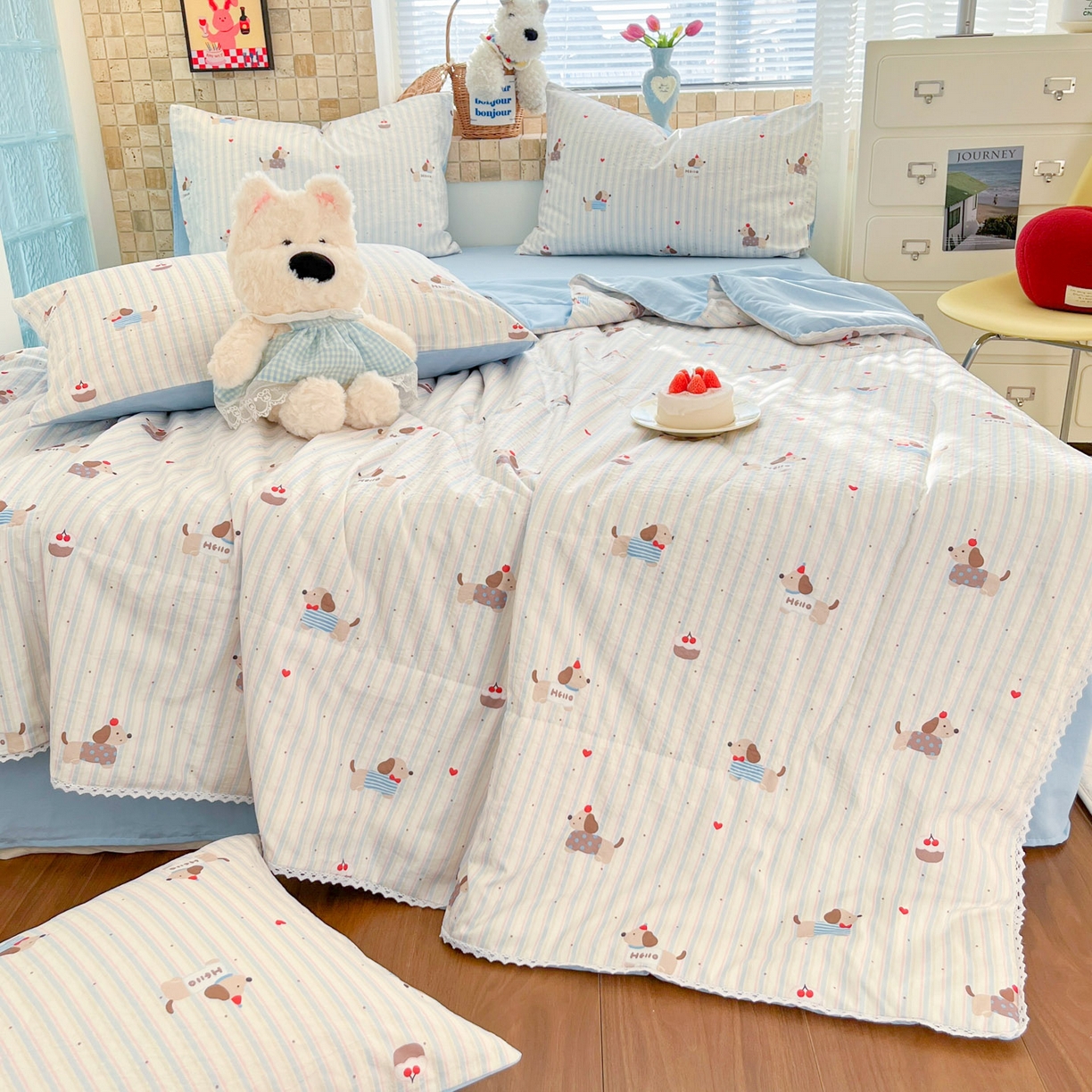 91家纺网 家纺一手货源 找家纺 川悦生活 2026新款A类双层皱皱纱夏被空调被 夏被腊肠甜心