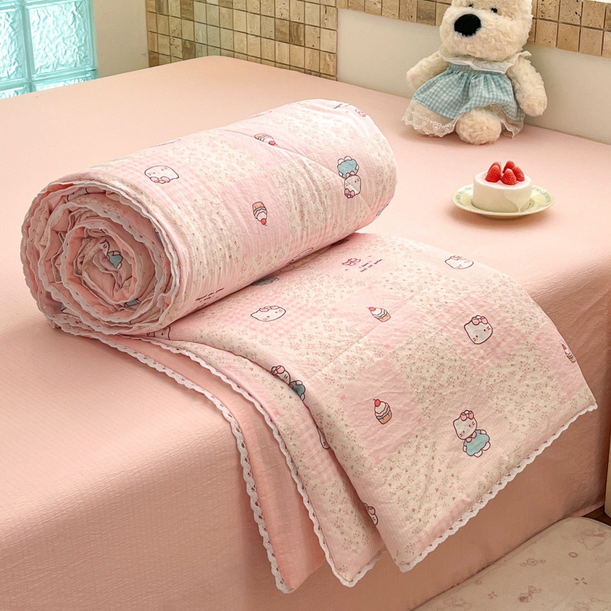 91家纺网 家纺一手货源 找家纺 川悦生活 2026新款A类双层皱皱纱夏被空调被 夏被奶油糕糕喵