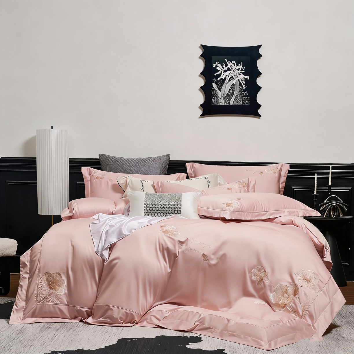 91家纺网 家纺一手货源 找家纺 U品汇 2026新款全棉纯棉长绒棉60S双股贡缎刺绣花四件套夏季丝滑透气礼盒包装100%棉 赫莲娜-桂花粉