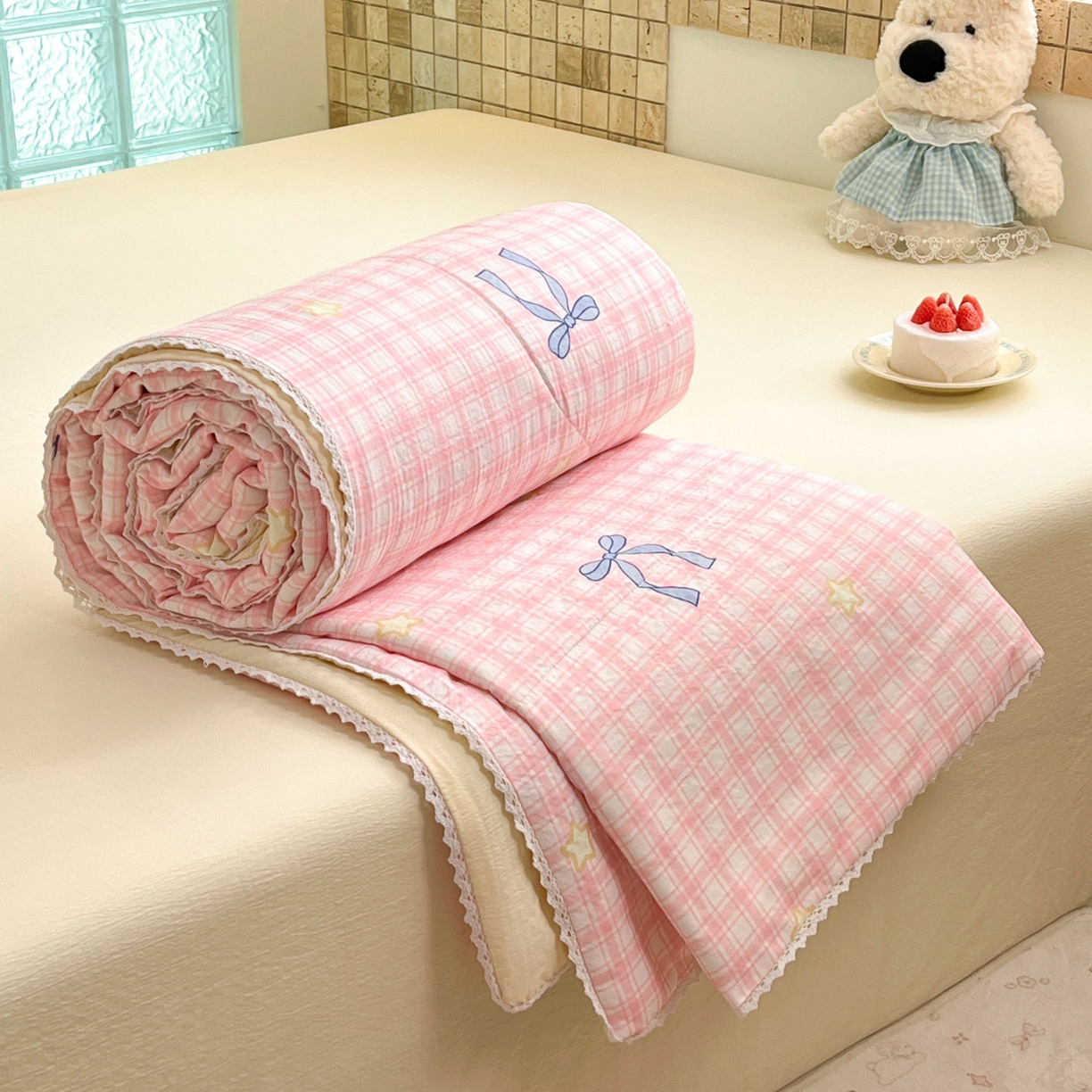 91家纺网 家纺一手货源 找家纺 川悦生活 2026新款A类双层皱皱纱夏被空调被 夏被奶油可盐