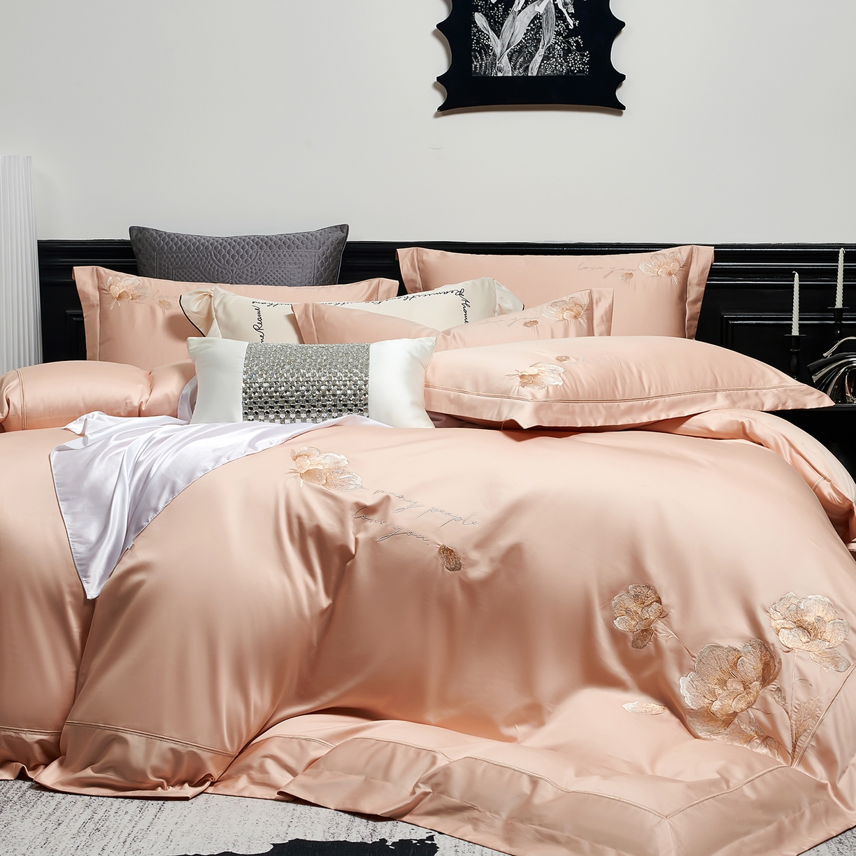 U品汇 2026新款全棉纯棉长绒棉60S双股贡缎刺绣花四件套夏季丝滑透气礼盒包装100%棉 赫莲娜-暖桔