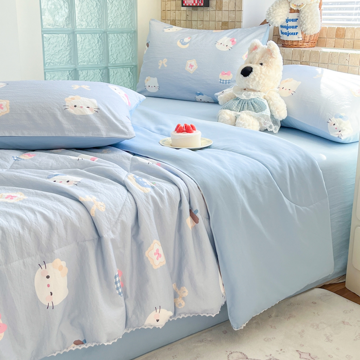 91家纺网 家纺一手货源 找家纺 川悦生活 2026新款A类双层皱皱纱夏被空调被 夏被汽水小咪