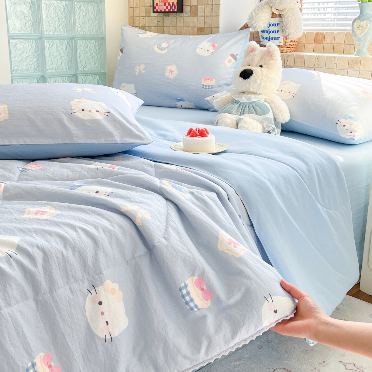 91家纺网 家纺一手货源 找家纺 川悦生活 2026新款A类双层皱皱纱夏被空调被 夏被汽水小咪