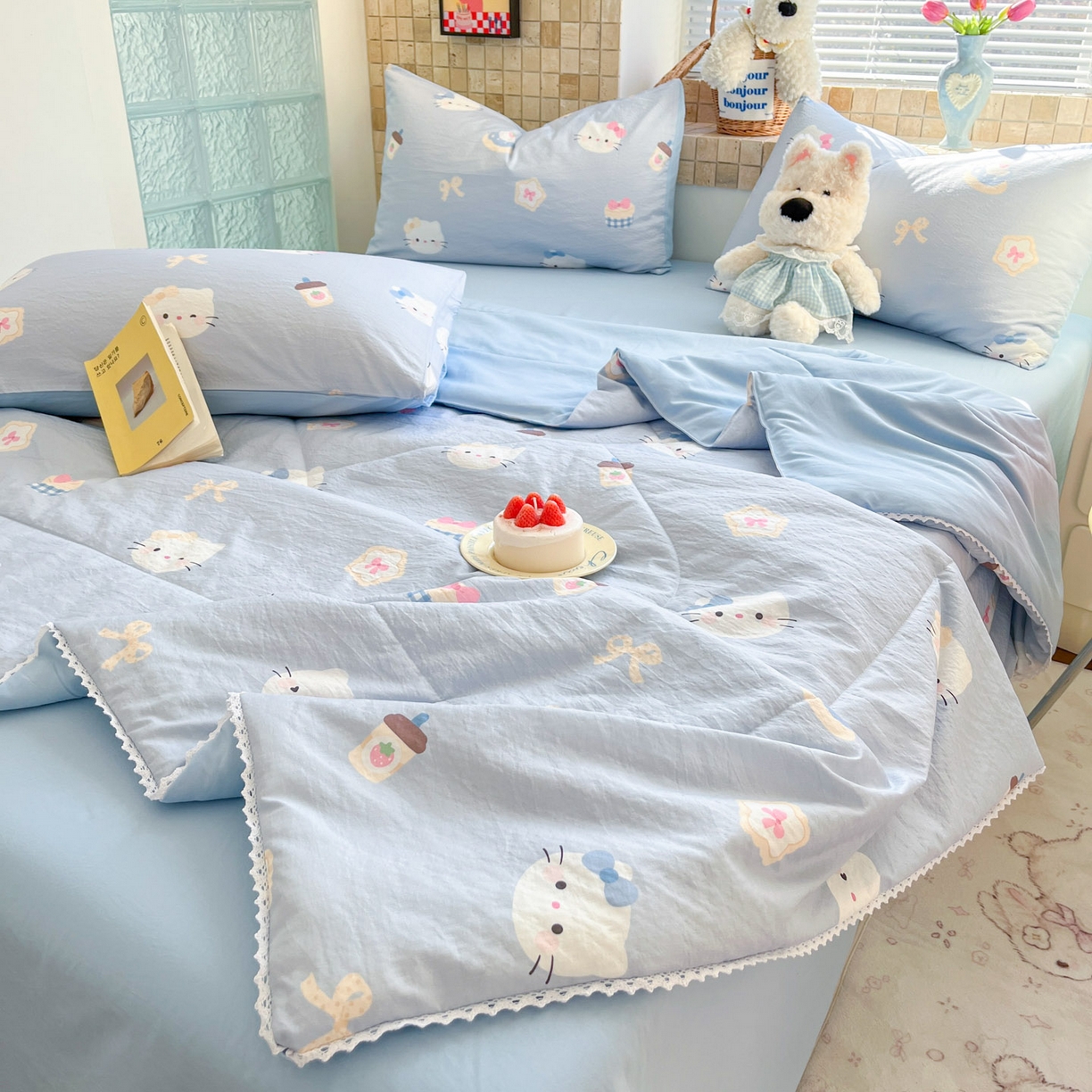 91家纺网 家纺一手货源 找家纺 川悦生活 2026新款A类双层皱皱纱夏被空调被 夏被汽水小咪