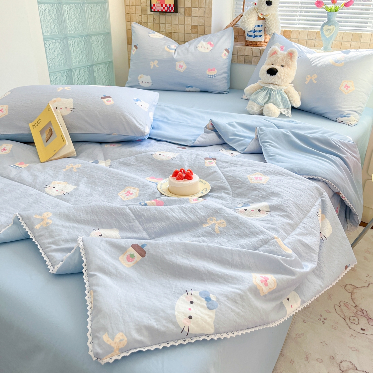 91家纺网 家纺一手货源 找家纺 川悦生活 2026新款A类双层皱皱纱夏被空调被 夏被汽水小咪