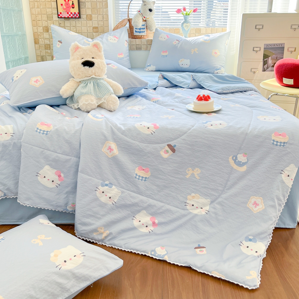 91家纺网 家纺一手货源 找家纺 川悦生活 2026新款A类双层皱皱纱夏被空调被 夏被汽水小咪