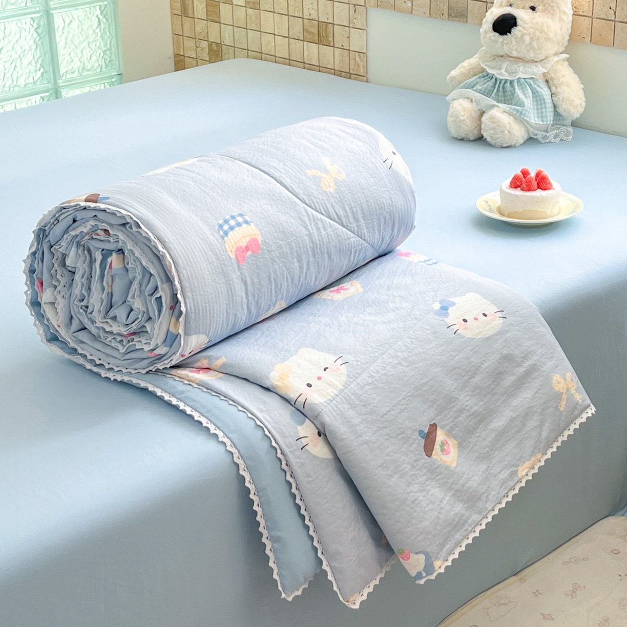 91家纺网 家纺一手货源 找家纺 川悦生活 2026新款A类双层皱皱纱夏被空调被 夏被汽水小咪