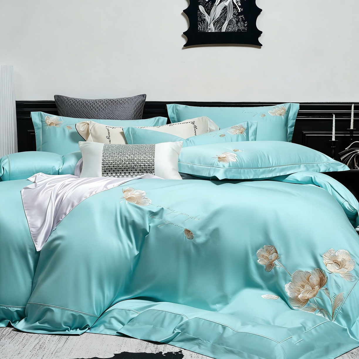 U品汇 2026新款全棉纯棉长绒棉60S双股贡缎刺绣花四件套夏季丝滑透气礼盒包装100%棉 赫莲娜-青石蓝