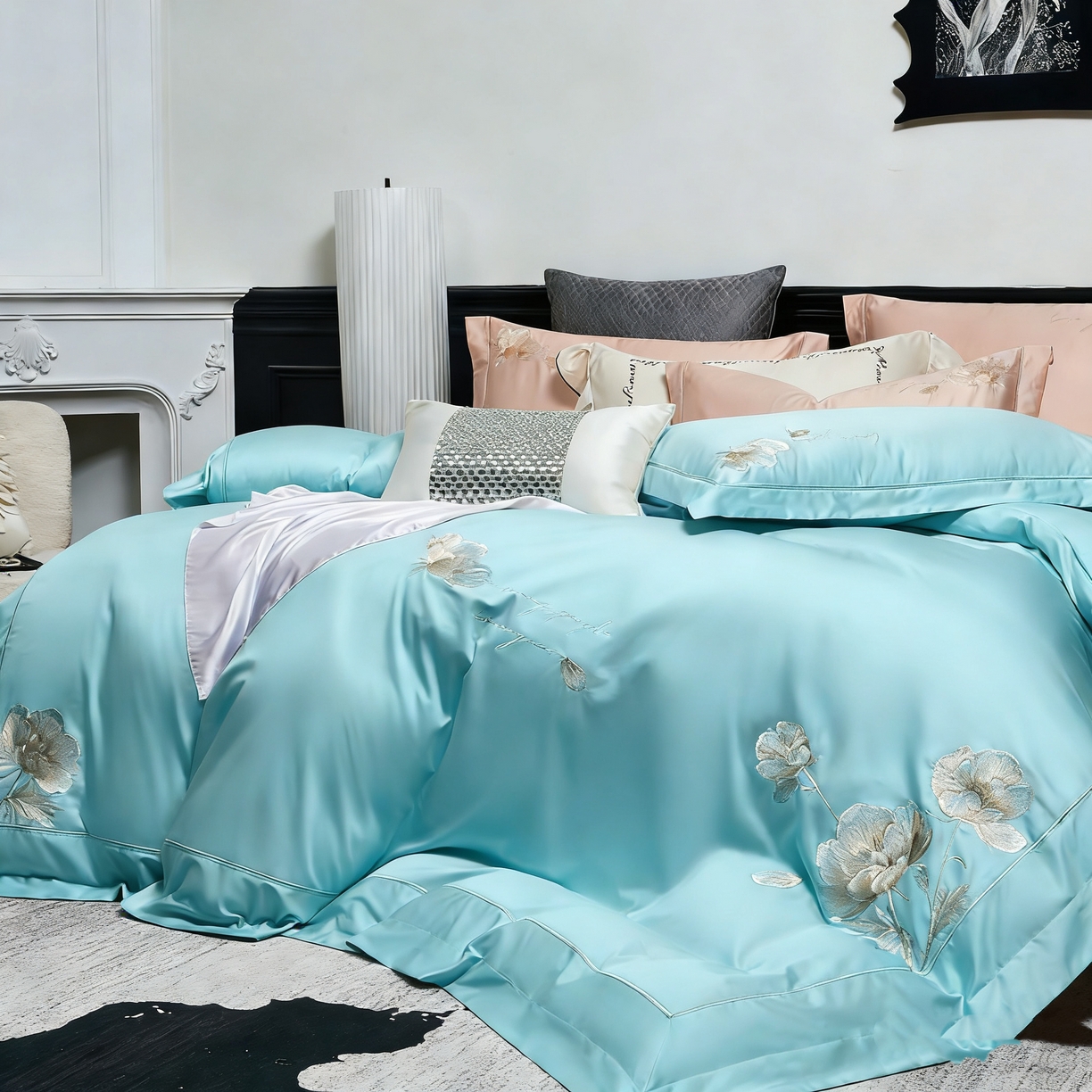 91家纺网 家纺一手货源 找家纺 U品汇 2026新款全棉纯棉长绒棉60S双股贡缎刺绣花四件套夏季丝滑透气礼盒包装100%棉 赫莲娜-青石蓝