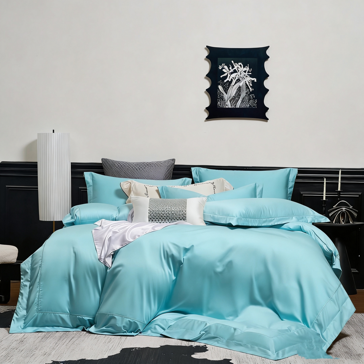 91家纺网 家纺一手货源 找家纺 U品汇 2026新款全棉纯棉长绒棉60S双股贡缎刺绣花四件套夏季丝滑透气礼盒包装100%棉 赫莲娜-青石蓝