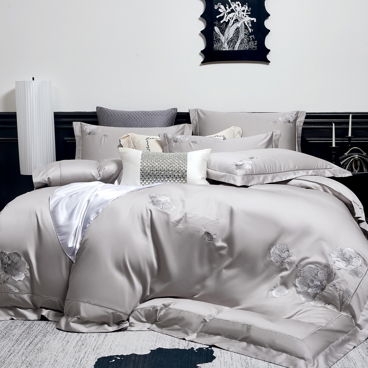 U品汇 2026新款全棉纯棉长绒棉60S双股贡缎刺绣花四件套夏季丝滑透气礼盒包装100%棉 赫莲娜-时尚灰