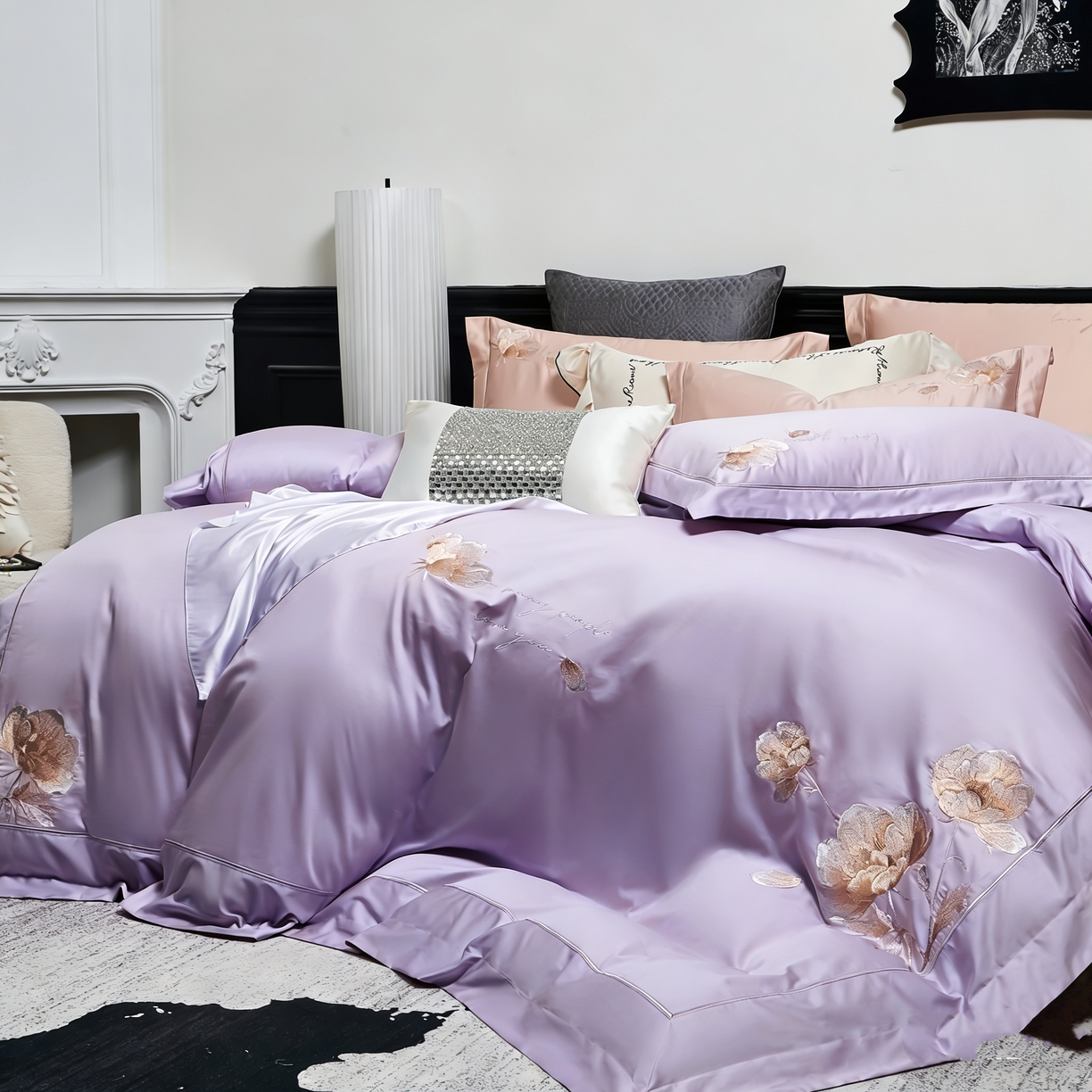 91家纺网 家纺一手货源 找家纺 U品汇 2026新款全棉纯棉长绒棉60S双股贡缎刺绣花四件套夏季丝滑透气礼盒包装100%棉 赫莲娜-芋泥紫