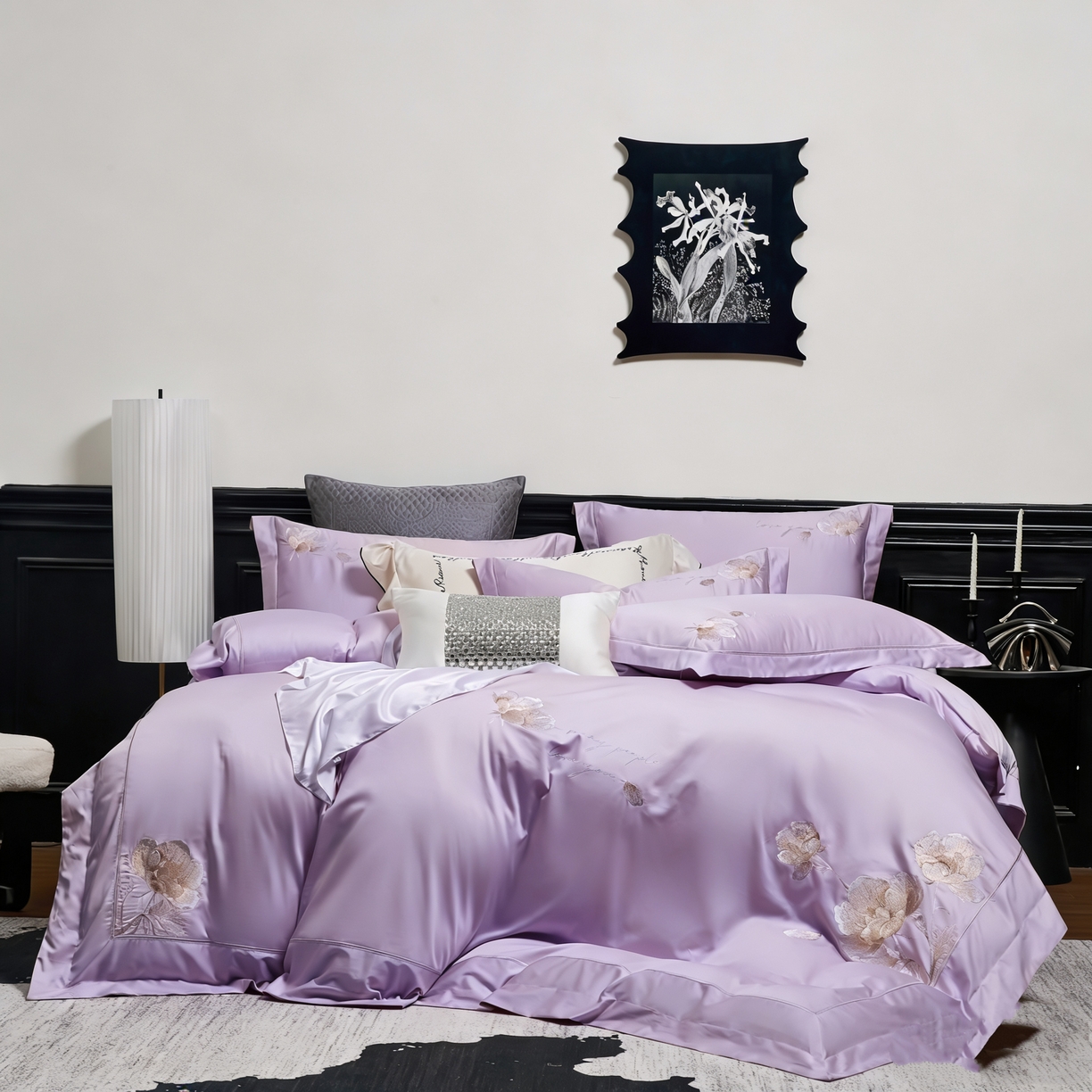 91家纺网 家纺一手货源 找家纺 U品汇 2026新款全棉纯棉长绒棉60S双股贡缎刺绣花四件套夏季丝滑透气礼盒包装100%棉 赫莲娜-芋泥紫