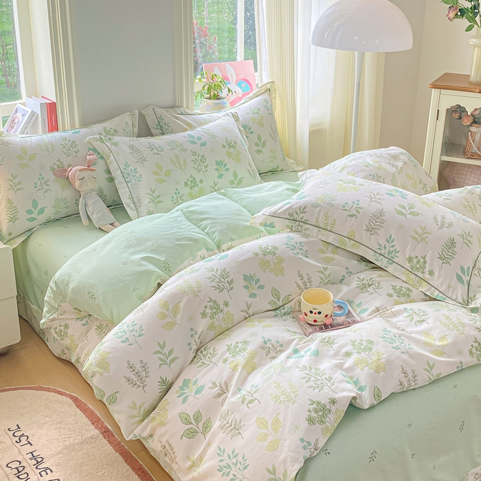 91家纺网 家纺一手货源 找家纺 凌鼎 2026新款多规格掉边全棉印花四件套 恒久花叶绿