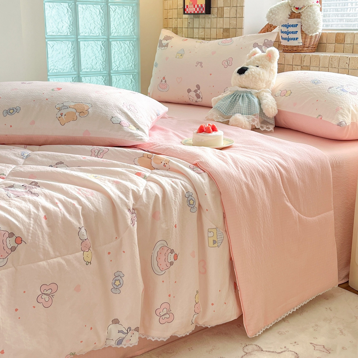 91家纺网 家纺一手货源 找家纺 川悦生活 2026新款A类双层皱皱纱夏被空调被 夏被糖豆小旺