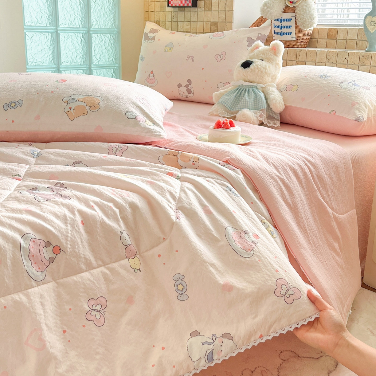 91家纺网 家纺一手货源 找家纺 川悦生活 2026新款A类双层皱皱纱夏被空调被 夏被糖豆小旺