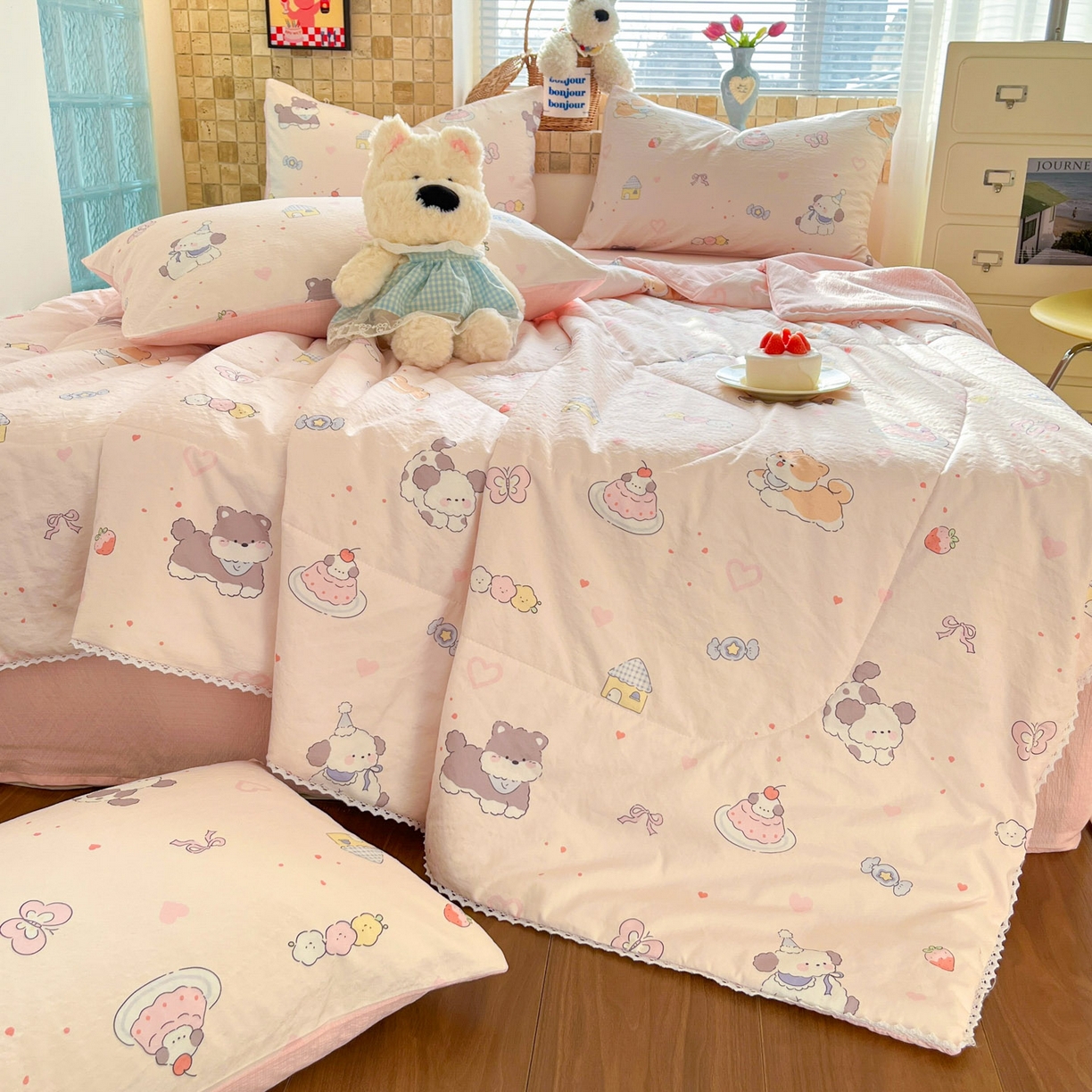 91家纺网 家纺一手货源 找家纺 川悦生活 2026新款A类双层皱皱纱夏被空调被 夏被糖豆小旺