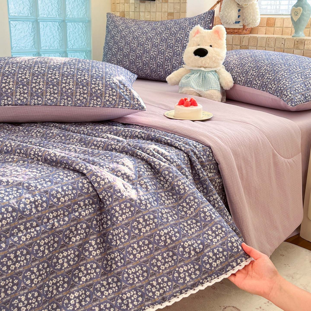 91家纺网 家纺一手货源 找家纺 川悦生活 2026新款A类双层皱皱纱夏被空调被 夏被西斯花圃