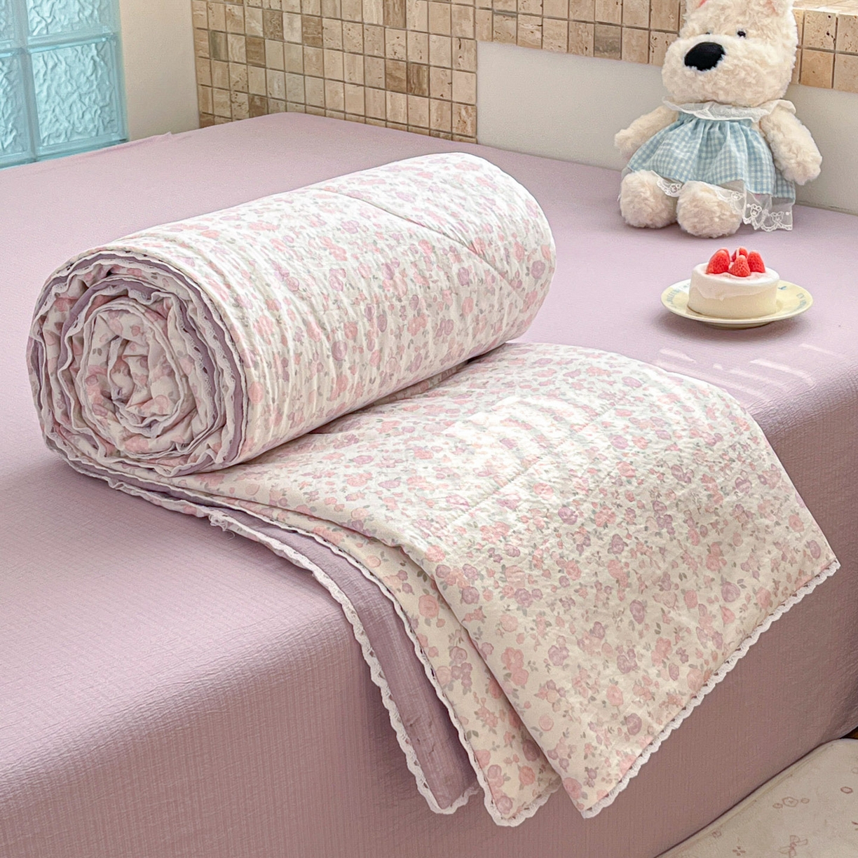 91家纺网 家纺一手货源 找家纺 川悦生活 2026新款A类双层皱皱纱夏被空调被 夏被香芋甜梦