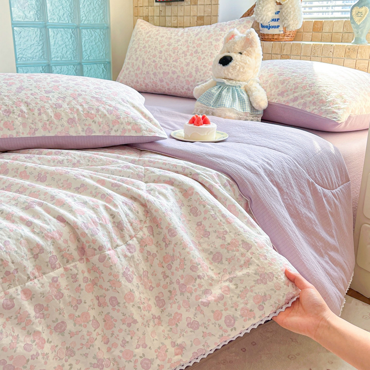 91家纺网 家纺一手货源 找家纺 川悦生活 2026新款A类双层皱皱纱夏被空调被 夏被香芋甜梦