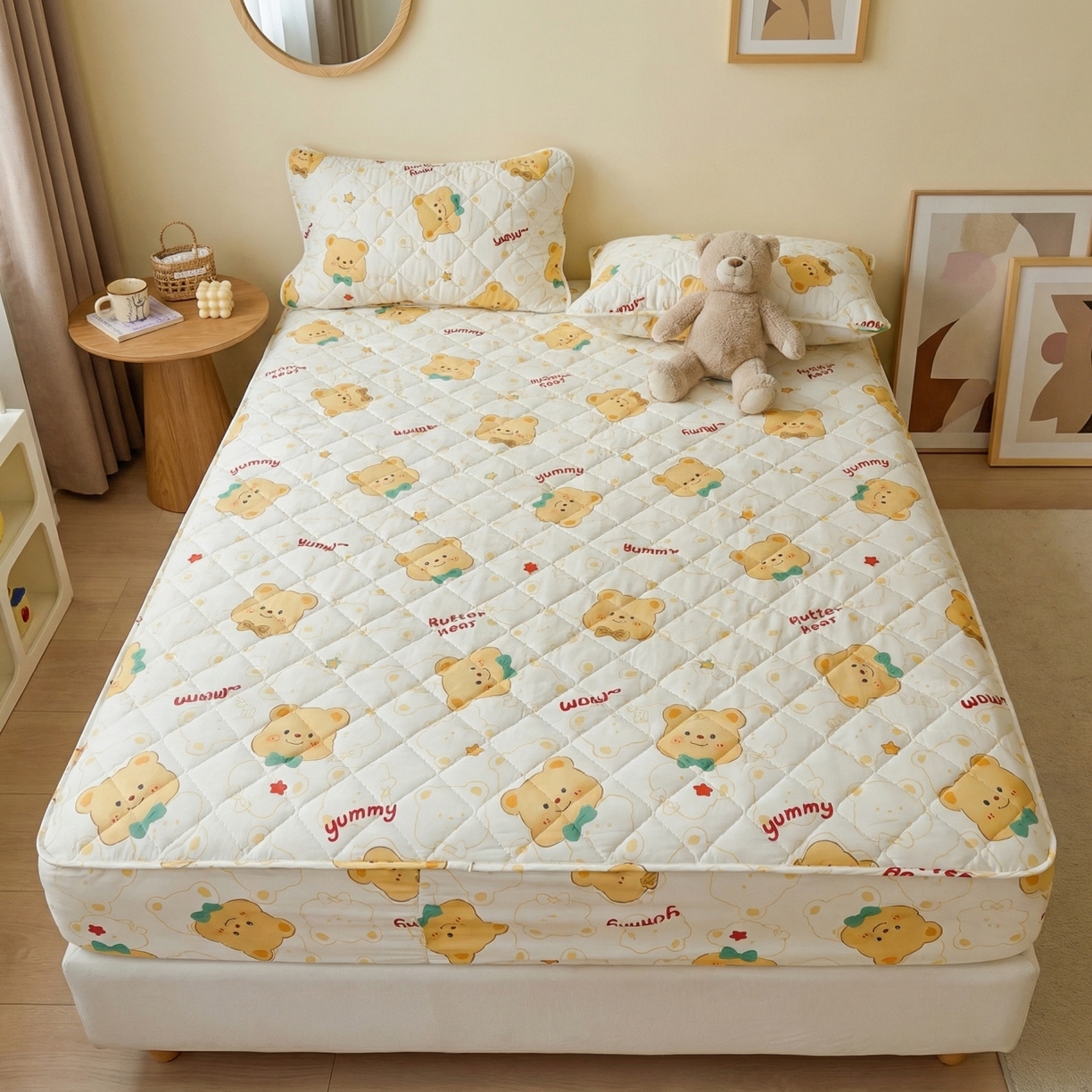 U品汇 2026A类全棉夹棉床笠床罩单件隔尿透气床垫加厚防尘可水洗保护套 黄油小熊