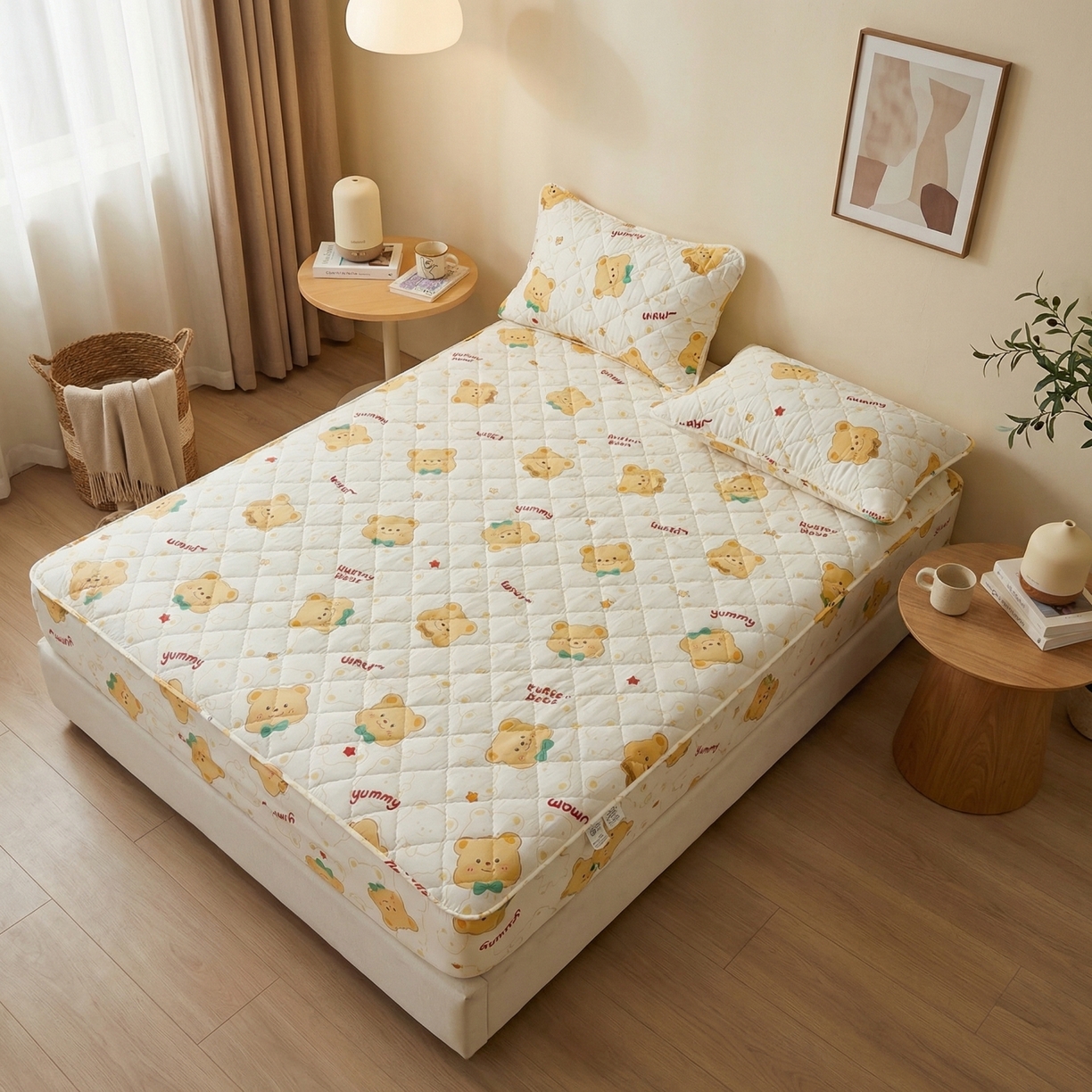 91家纺网 家纺一手货源 找家纺 U品汇 2026A类全棉夹棉床笠床罩单件隔尿透气床垫加厚防尘可水洗保护套 黄油小熊