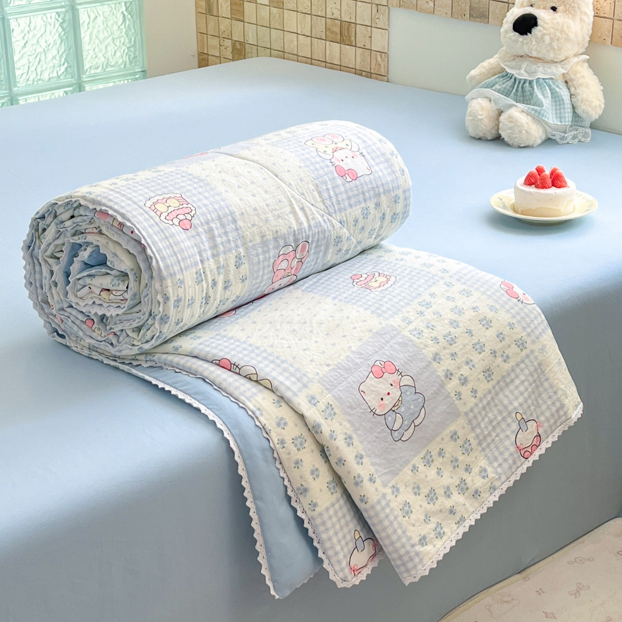 91家纺网 家纺一手货源 找家纺 川悦生活 2026新款A类双层皱皱纱夏被空调被 夏被小猫庄园