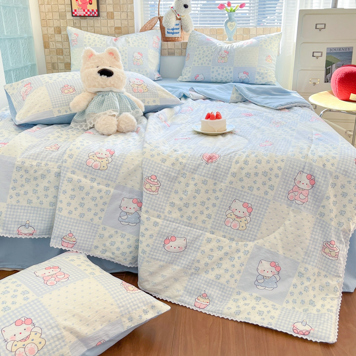 91家纺网 家纺一手货源 找家纺 川悦生活 2026新款A类双层皱皱纱夏被空调被 夏被小猫庄园