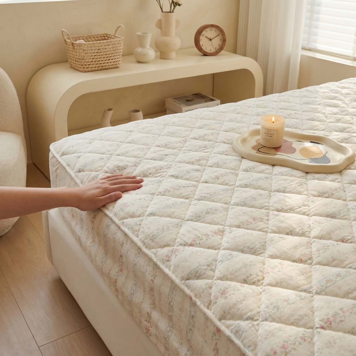 91家纺网 家纺一手货源 找家纺 U品汇 2026A类全棉夹棉床笠床罩单件隔尿透气床垫加厚防尘可水洗保护套 轻花吟