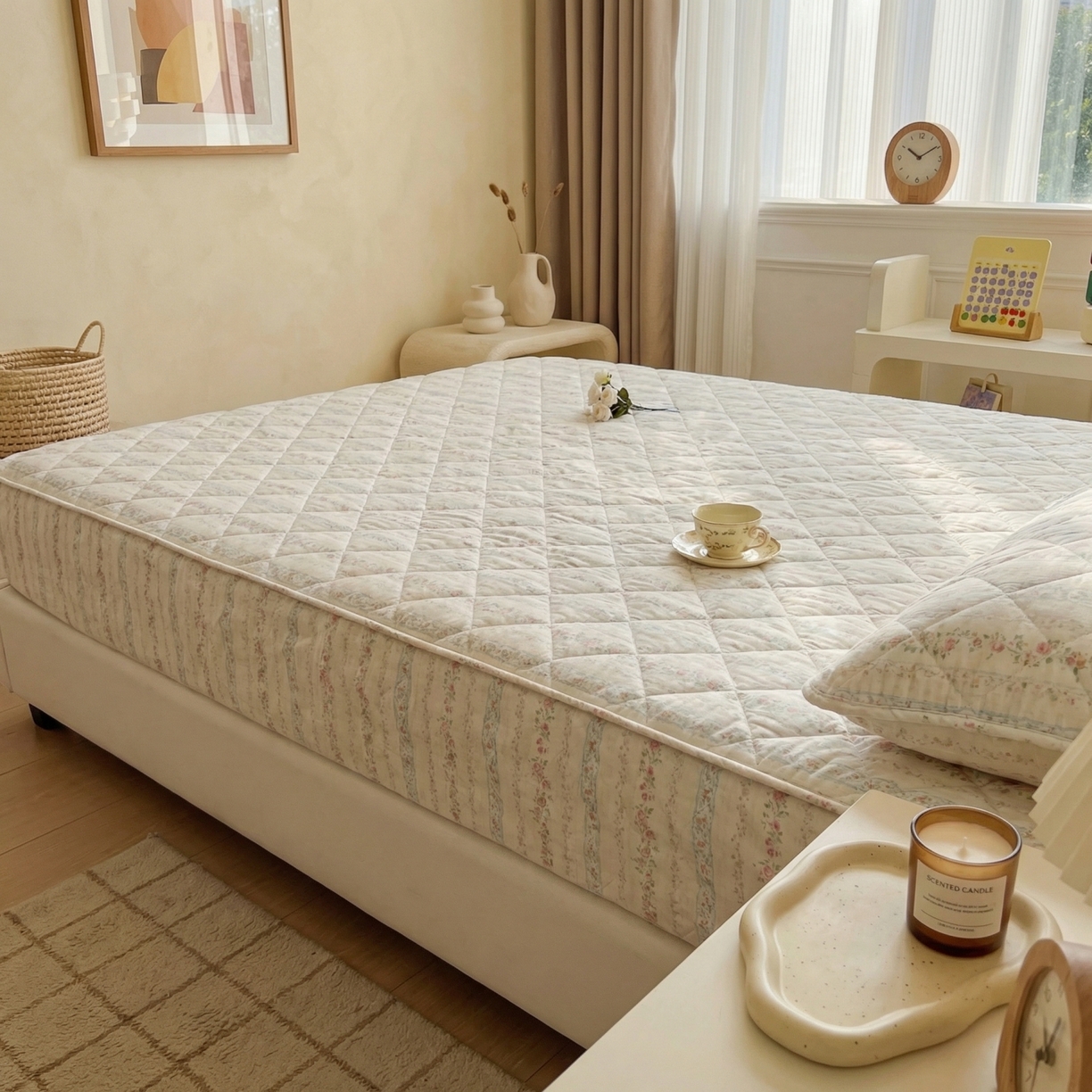 91家纺网 家纺一手货源 找家纺 U品汇 2026A类全棉夹棉床笠床罩单件隔尿透气床垫加厚防尘可水洗保护套 轻花吟