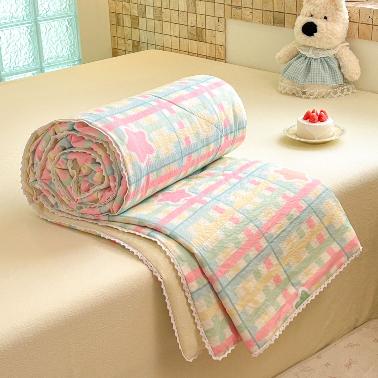 91家纺网 家纺一手货源 找家纺 川悦生活 2026新款A类双层皱皱纱夏被空调被 夏被杏仁小星星