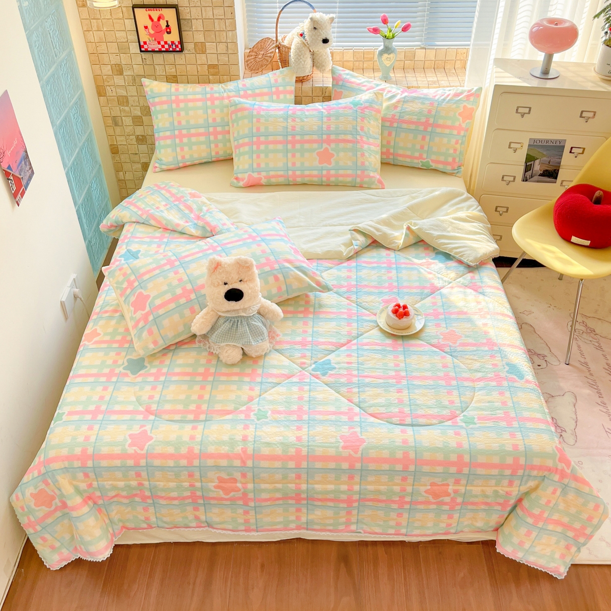 91家纺网 家纺一手货源 找家纺 川悦生活 2026新款A类双层皱皱纱夏被空调被 夏被杏仁小星星