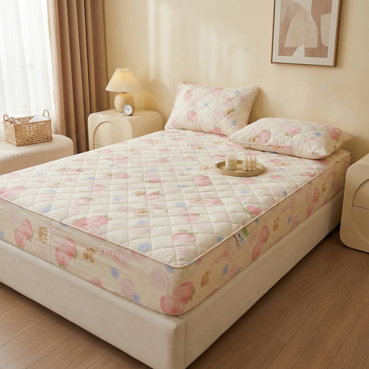 91家纺网 家纺一手货源 找家纺 U品汇 2026A类全棉夹棉床笠床罩单件隔尿透气床垫加厚防尘可水洗保护套 水蜜桃