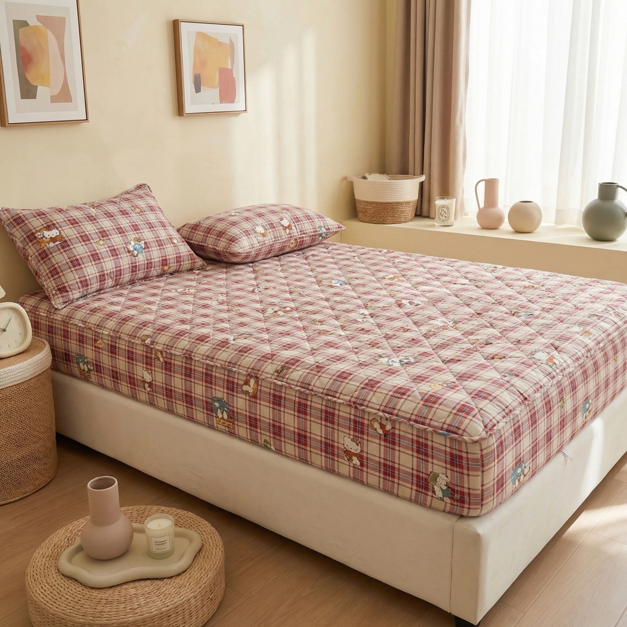 91家纺网 家纺一手货源 找家纺 U品汇 2026A类全棉夹棉床笠床罩单件隔尿透气床垫加厚防尘可水洗保护套 淘气猫咪