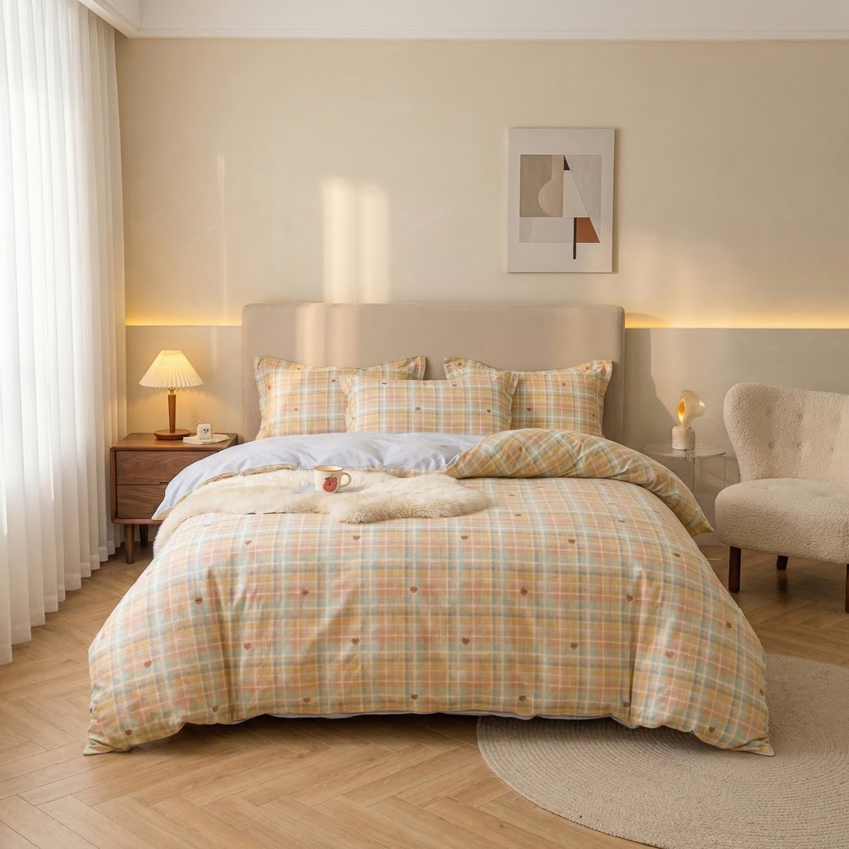 U品汇 2026春夏新品全棉纯棉长绒棉印花四件套学生三件套100%棉小清新13070 方格生活