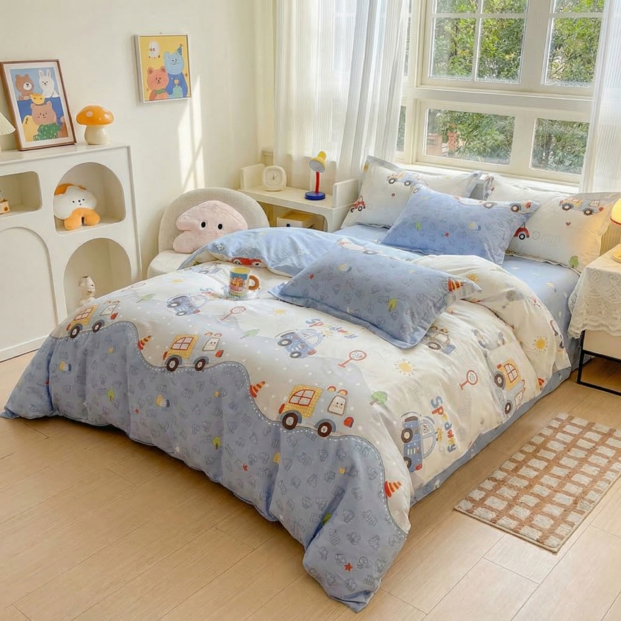 91家纺网 家纺一手货源 找家纺 U品汇 2026春夏新品全棉纯棉长绒棉印花四件套学生三件套100%棉小清新13070 卡丁车