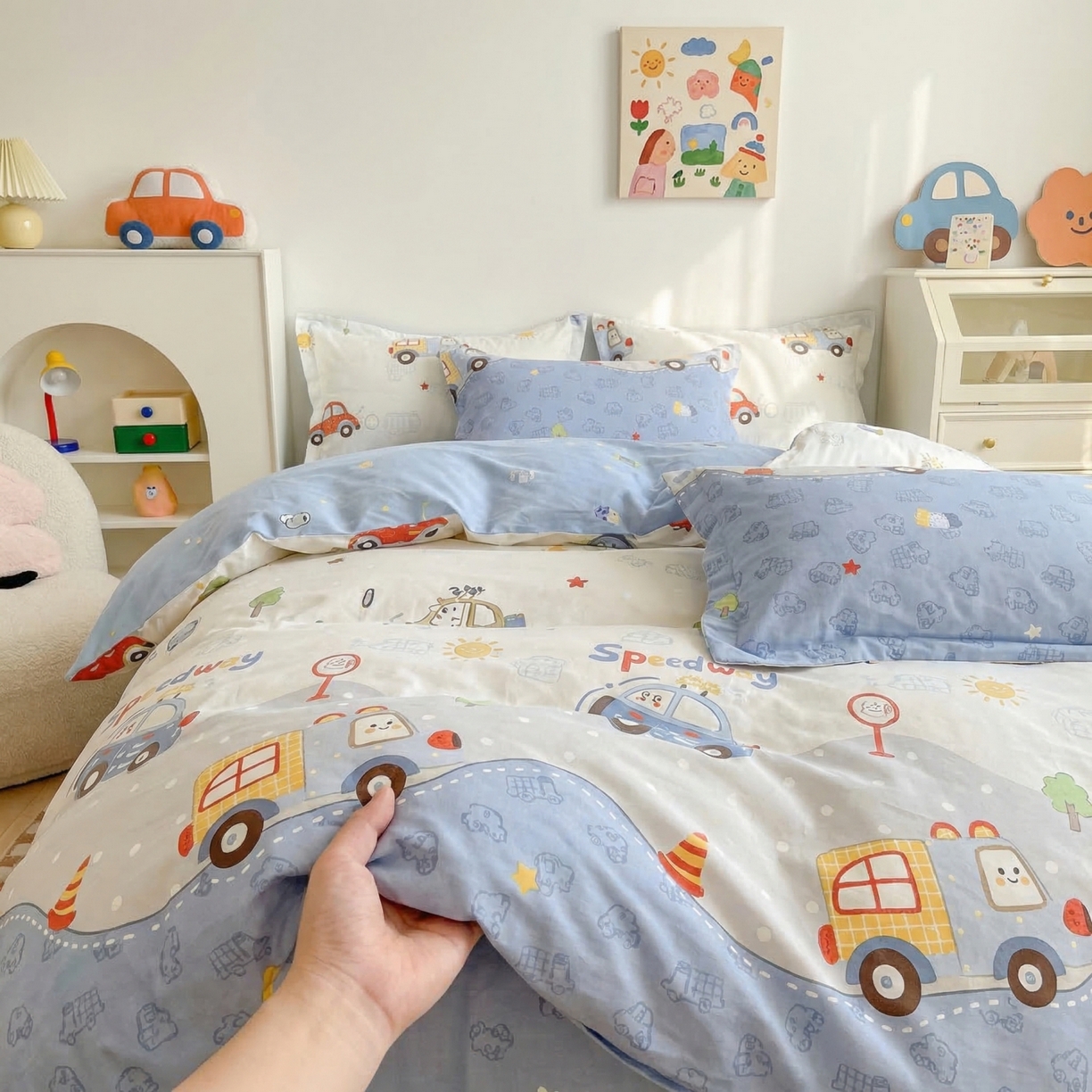 91家纺网 家纺一手货源 找家纺 U品汇 2026春夏新品全棉纯棉长绒棉印花四件套学生三件套100%棉小清新13070 卡丁车