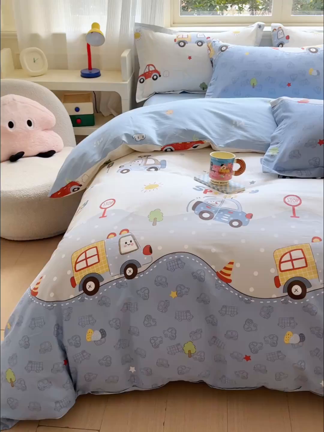 91家纺网 家纺一手货源 找家纺 U品汇 2026春夏新品全棉纯棉长绒棉印花四件套学生三件套100%棉小清新13070 卡丁车