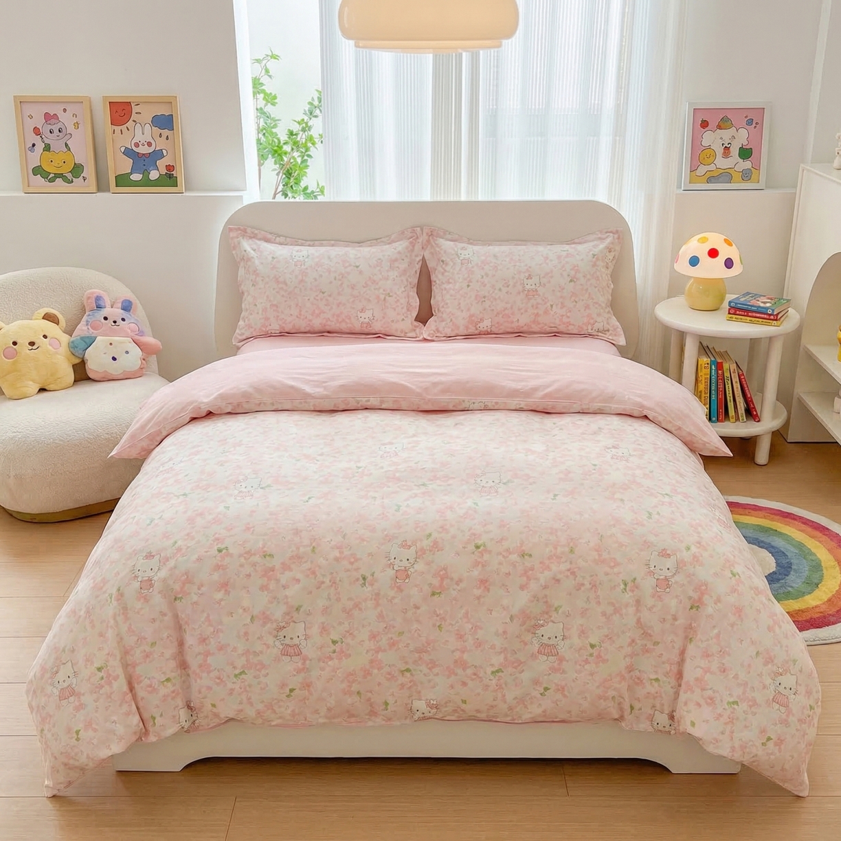 U品汇 2026春夏新品全棉纯棉长绒棉印花四件套学生三件套100%棉小清新13070 凯蒂咪粉